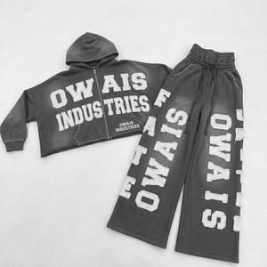 Owais Industries Solid <b>Purple</b> Hooded Tracksuit Set Full Sleeve Zipper Front Flock Print Letter Design Unisex Casual Wear 100% - Product Image 2