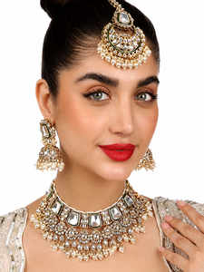 Conjunto de Collar y Pendientes con Diseño de Flor de Moissanita en Aleación de Zinc Chapado en Oro, Inspirado en Bollywood Indio, Joyería Étnica para Mujer - Product Image 2