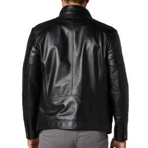Men's Black Genuine Leather Moto <b>Jacket</b> Stand Collar Zipper Closure Slim Fit Regular Length Solid Color Autumn Wear - Product Image 2