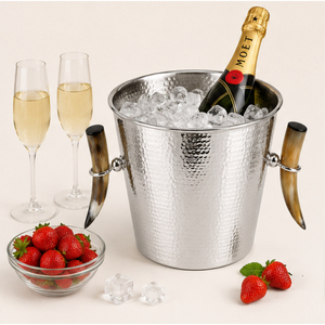 Seau à vin moderne en métal martelé argenté avec poignées décoratives en corne, bac à champagne en acier inoxydable pour l'hôtellerie et les bars - Product Image 2