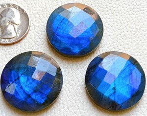 Blue Flash Labradorite Round <b>Checker</b> Cut Cabochon 30mm Loose Gemstone Set Faceted <b>Top</b> Flat Back Stone For Jewelry Making - Product Image 1