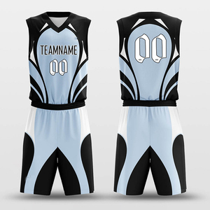 Conjunto de Uniforme de Baloncesto Sublimado Personalizado, Unisex, Cuello en V, Sin Mangas, Azul Claro y Negro, Uniforme Deportivo Transpirable - Product Image 1
