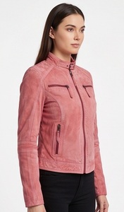 Wholesale Women Coral <b>Pink</b> <b>Tweed</b> Varsity <b>Jacket</b> Vintage Acid Wash Eco-Friendly Windproof Custom Stand Collar Multi Zip Outerwear - Product Image 2