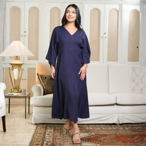 Robe élégante pour femmes en lin rayé bleu marine - Product Image 3