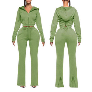 Wholesale Custom Cropped Hooded <b>Zip</b>-<b>Up</b> Acid Wash Tracksuit Set Casual Style Crop <b>Zip</b> <b>Up</b> Hoodie And Flared Pants Sweat Suits Set - Product Image 5