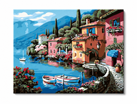 Tableau sur toile Cottage de jardin panoramique, impression village côtier rêveur, taille personnalisée, décoration intérieure
