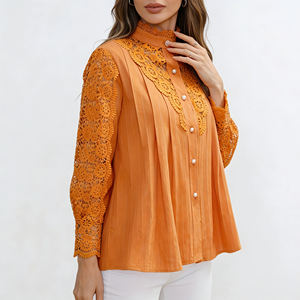 Oferta especial en Temu |   Blusa Elegante de Encaje Naranja para Mujer, Cuello Alto, Botones, Manga Larga, Camisa Casual para Uso Diario - Product Image 1