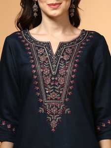 Women Navy Blue Embroidered Work Viscose Rayon Kurtis Midi Length Loose Fit Traditional Indian Pakistani Casual Wear Kurtis - Product Image 2