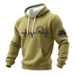 เสื้อฮู้ดดี้สีเขียวลายวาฟเฟิลสำหรับผู้ชาย พร้อมลายปัก Clover ECG ด้านหน้าและแขนเสื้อ สวมใส่สบายๆ ในฤดูใบไม้ผลิ - Product Image 5