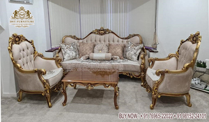 Conjunto de sofá tallado de estilo italiano para sala de estar, juego de 5 asientos de lujo, oro real, tallado dorado antiguo - Product Image 4