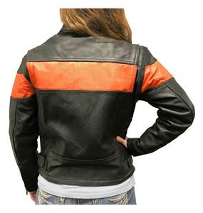 Veste en cuir pour femme, noire et orange, à blocs de couleur, manches longues, fermeture éclair sur le devant, toutes saisons, style motard - Product Image 6