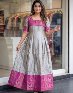 Heavy Lichi Silk Floor Length <b>Kurti</b> With Pink Embroidered Border Traditional Indian Women Ethnic Wear regular Fit Casual Wear - Product Image 1
