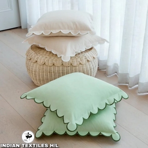 <b>INDIAN</b> TEXTILES H/L Cotton <b>Throw</b> Pillow Cover Square Solid Color Scallop Edge Removable Envelope Closure Minimalist Style - Product Image 1