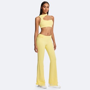 <b>Yellow</b> V-neck <b>Crop</b> <b>Top</b> High Waist Full Length Flared Yoga Pants 2 Piece Set Spandex Quick Dry Elastic Waist Seamless Breathable - Product Image 1