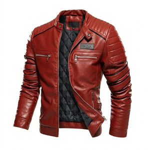 KADIA Men's Red PU <b>Leather</b> Moto <b>Jacket</b> Stand Collar Zipper Closure Slim Fit Biker Style Autumn Wear - Product Image 5