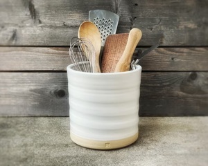 Premium Ceramic Utensil Holder Ribbed Texture Dual Tone Glaze High <b>Fired</b> Durable Kitchen Counter Storage Organizer - Product Image 6