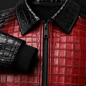 Veste en cuir pour homme à motif crocodile, rouge et noir, col chemise, coupe ajustée, en cuir véritable, vente en gros, OEM personnalisé - Product Image 4