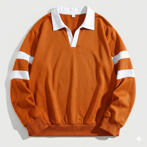 Polo tricoté sur mesure pour homme, manches longues, respirant, en coton, style rugby, col rayé orange et blanc, coupe oversize, vente en gros - Product Image 1