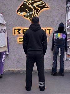REXFIT SPORTS Men's Black Hooded Tracksuit Full Length Cotton <b>Zipper</b> <b>Sweatshirt</b> Pants Embroidery Letter Streetwear Tracksuits - Product Image 3