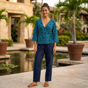 Blusa de Mujer con Cuello en V, Estampada, Tejida, con Manga Campana, Cierre Cruzado con Lazo, Corte Holgado, de Algodón y Rayón, para Primavera/Verano, Estilo Casual - Product Image 1