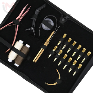 Hair Extension <b>Tools</b> Kit Rose Gold Flat Beads Crimping Plier Gold Duckbill Sectioning Clips C-Shape Needles Wig <b>Thread</b> Stainless - Product Image 3
