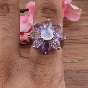 Bague en argent sterling 925 avec améthyste naturelle et pierre de lune arc-en-ciel, bijoux en pierres précieuses mixtes, certifiée, classique, pour femmes - Product Image 1