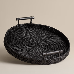 Plateau décoratif créatif en rotin noir tressé avec poignée, design rustique, forme ronde, en gros - Product Image 4