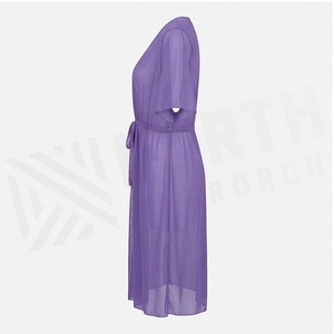 Women's Chiffon Deep V Neck Wrap Dress With Drawstring Waist Regular Fit Solid Color Breathable Beachwear - Product Image 3