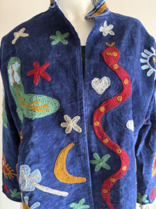 Floral Blue Embroidered Breathable <b>Velvet</b> Blazer Mandarin Collar Full Sleeve Handmade Cotton Lining Women's <b>Jacket</b> - Product Image 4