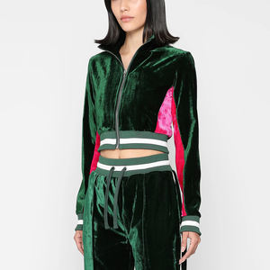 Conjunto de sudadera con capucha y pantalón de chándal de terciopelo para mujer, hecho a medida, con cremallera, bolsillos, top corto y pantalón de chándal de terciopelo, conjunto de dos piezas. - Product Image 4