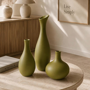 Ensemble de 3 vases décoratifs modernes en aluminium mat vert olive, faits à la main, durables, pour la décoration de table, salon, maison |   Élégant - Product Image 2