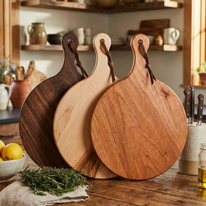 Tabla de cortar redonda de madera de olivo con asa y orificio para colgar, tabla para servir charcutería - Product Image 6
