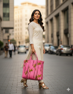 Bolso Tote de Algodón Acolchado con Estampado de Clavel Azul Hecho a Mano, Motivo Floral Étnico Premium, Gran Capacidad, Bolso de Hombro para Mujer - Product Image 2