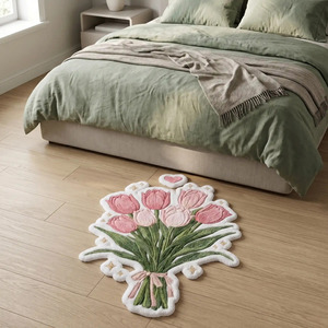 Alfombra de Lana con Diseño Geométrico Antideslizante, Hecha a Mano, con Motivo de Ramo de Tulipanes Rosas, Alfombra Decorativa Suave para Dormitorio o Sala de Estar - Product Image 2