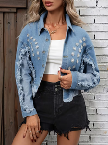 Chaqueta Vaquera TRIBON SPORTS para Mujer, con Parches de Leopardo, Dobladillo con Flecos, Corta, Otoño/Invierno, Casual, Manga Larga, Cuello Camisero - Product Image 3