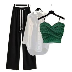 2025 été nouveau large gratuit décontracté jambe large pantalon chemise blanche vague soutien-gorge gilet trois pièces élégant femmes pantalon ensemble survêtement - Product Image 5