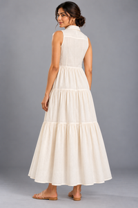 Robe chemise maxi à volants en coton cambriqué pour femme, 120 GSM, sans manches, boutonnée, robe d'été décontractée classique - Product Image 3
