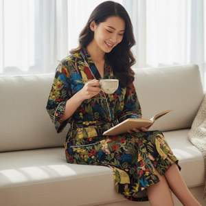 Robe kimono en coton faite à la main, col en V, manches longues, vêtements de nuit pour femmes, robe maxi d'été pour la plage, passepoil contrasté, 2 poches sur le devant - Product Image 6