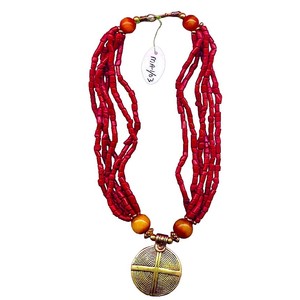 Layered Red Beaded Necklace with Round Gold Tone Pendant, Chunky Boho Ethnic Beaded Statement Jewelry for Women - Product Image 4