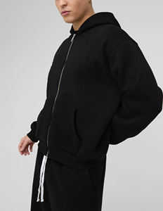 New Arrival 2026 Unisex Black Hooded Tracksuit Full Zipper Loose Fit Cotton Sweatshirt and <b>Pants</b> Set with Front Logo Print - Product Image 3