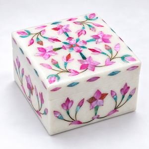 Boîte à bijoux en marbre luxueuse Stonecrafts International MMP06, incrustation de nacre, forme rectangulaire moderne, gravures florales, Noël - Product Image 1