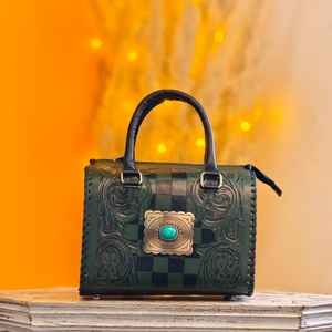 Genuine Leather Luxury Durable Lightweight Speedy Duffle Bag Rectangular Concho Middle Turquoise Stone Studded Hand Tooling - Product Image 1