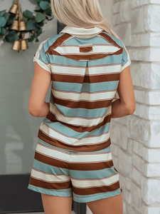 Summer Polo Collar Knee Button Pajama Set Breathable Loose-Fitting Casual Sporty Short Sleeve Shorts Two-Piece Women Solid Color - Product Image 6