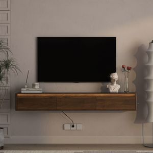 Supporto TV da Parete per Soggiorno, Mobile Sospeso in Legno con Luci LED e Presa di Corrente - Product Image 3