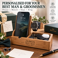 Organisateur de bureau personnalisé en bambou pour téléphone, montre et clés, avec nom sur mesure, coffret cadeau de mariage pour témoin ou garçons d'honneur, OEM