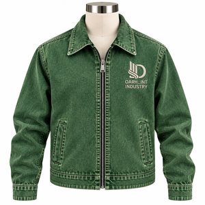 Chaqueta de Mezclilla Verde para Hombre, Cierre de Cremallera Frontal, Bordado, Casual, Otoño, Corte Regular, Tejido de Poliéster - Product Image 1