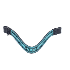 Frontal de cheval en cuir noir anglais, personnalisé, orné de cristaux turquoise, de perles et de strass, en forme de vague, à trois rangées. - Product Image 4