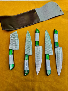 Juego de Cuchillos de Acero de Damasco Hechos a Mano, 5 Piezas, Mango de Madera Verde, Cuchillos de Chef Afilados, Ambidiestros, 67 Capas de Acero de Damasco - Product Image 5