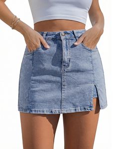 Faldas pantalón para mujer, minifalda vaquera con abertura lateral y pantalones cortos de mezclilla de cintura alta elásticos - Product Image 6