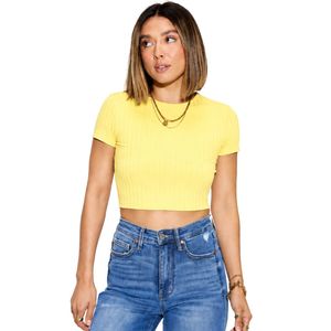 Top Corto Acanalado Amarillo para Mujer, Manga Corta, Cuello Redondo, Ajuste Delgado, Camiseta Casual de Punto, Moda de Verano, Algodón Elástico, Camiseta Básica - Product Image 1